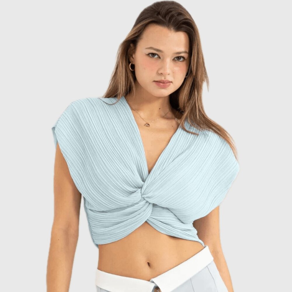 Plain Twist - Tie Front, Pleated Fabric Crop Tops - Color Light Blue